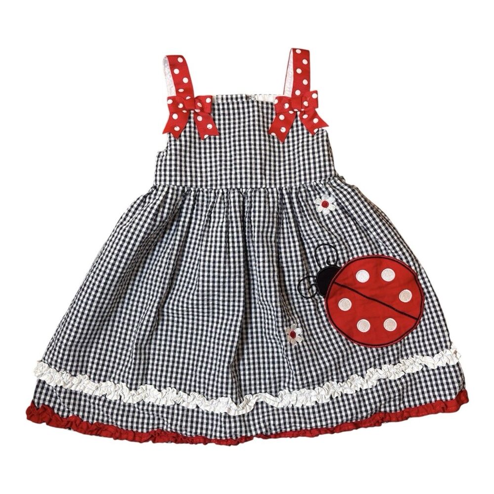 Emily Rose 2T Navy Gingham Ladybug Appliqué Dress Red Bows Ruffles